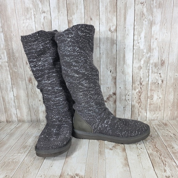 UGG Sequin Button Tall Boots Sparkle Glitter Knit Gray Women's Size 6 - Picture 6 of 8